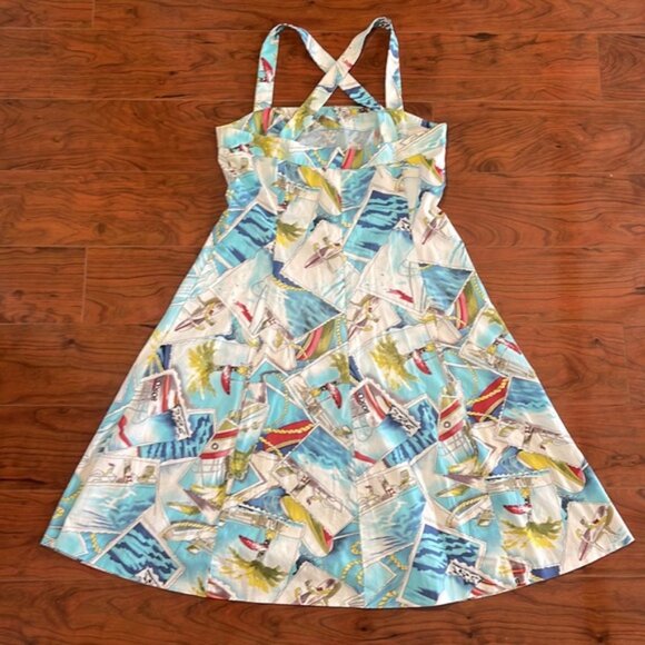 Depeche Mode White and Blue Sleeveless Vacation Palm Tree Boat Summer Dress - Picture 7 of 12